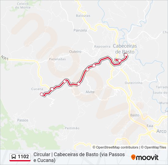 Mapa da linha do autocarro 1102.
