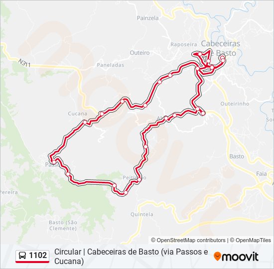 Mapa da linha do autocarro 1102.