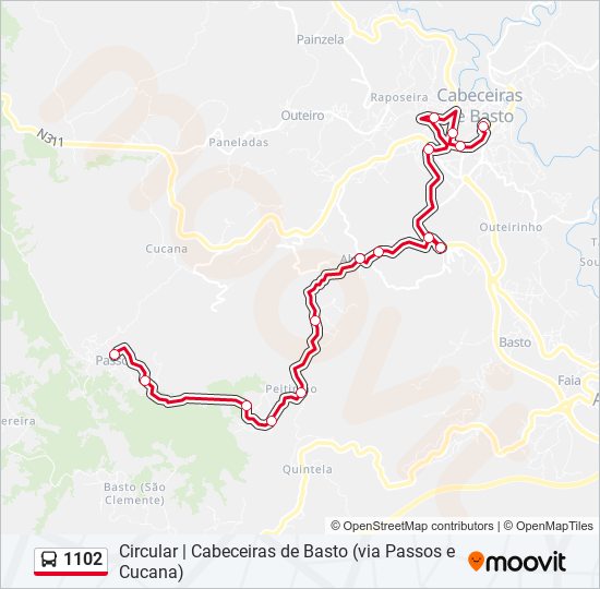 Mapa da linha do autocarro 1102.