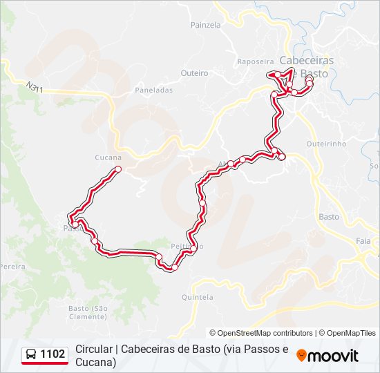 Mapa da linha do autocarro 1102.