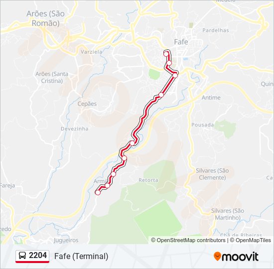 Mapa da linha do autocarro 2204.