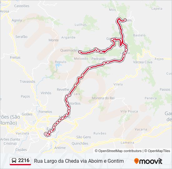 Mapa da linha do autocarro 2216.