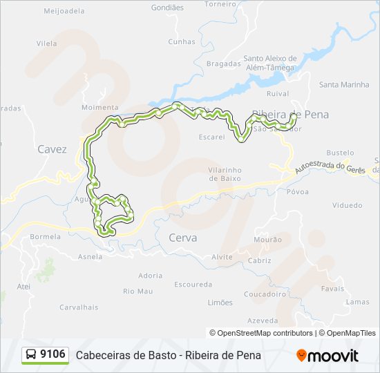 Mapa da linha do autocarro 9106.