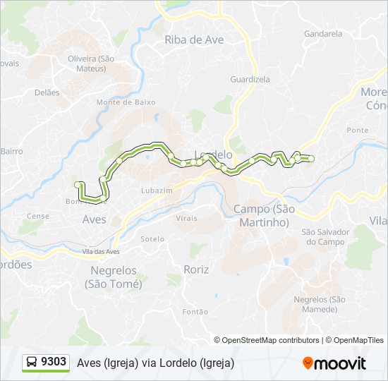 Mapa da linha do autocarro 9303.