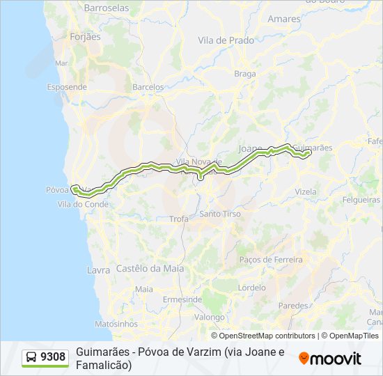 Mapa da linha do autocarro 9308.