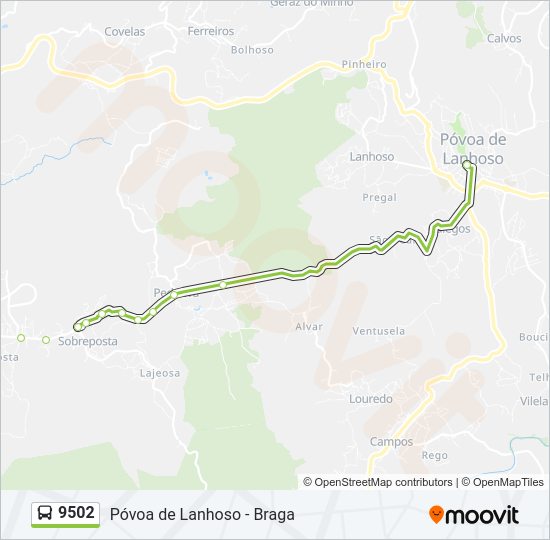 Mapa da linha do autocarro 9502.
