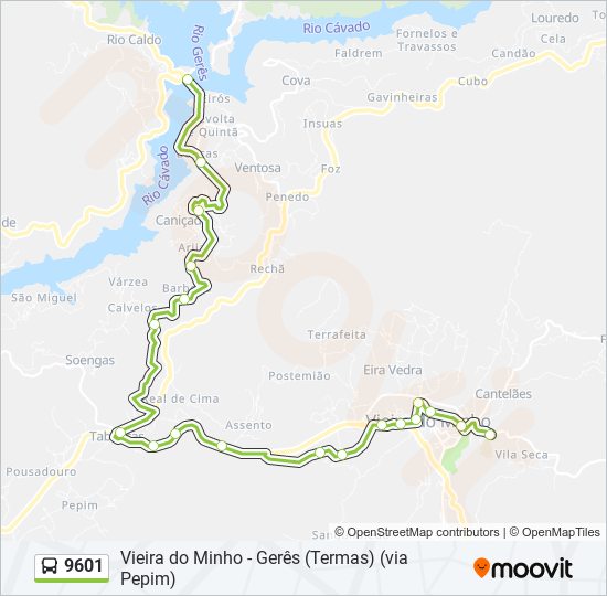 Mapa da linha do autocarro 9601.