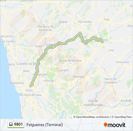 Mapa da linha do autocarro 9801.