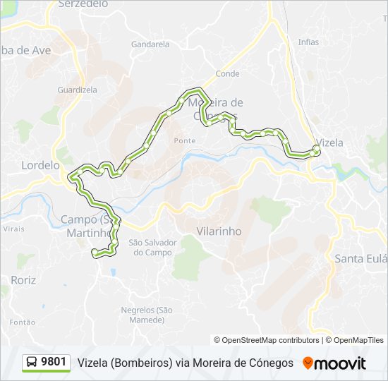 Mapa da linha do autocarro 9801.