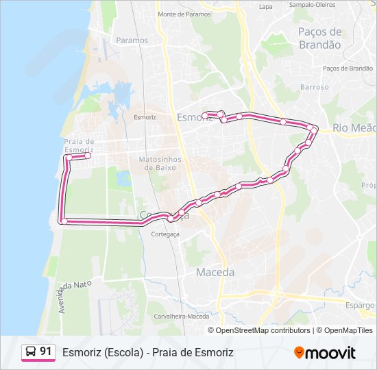 Mapa da linha do autocarro 91.