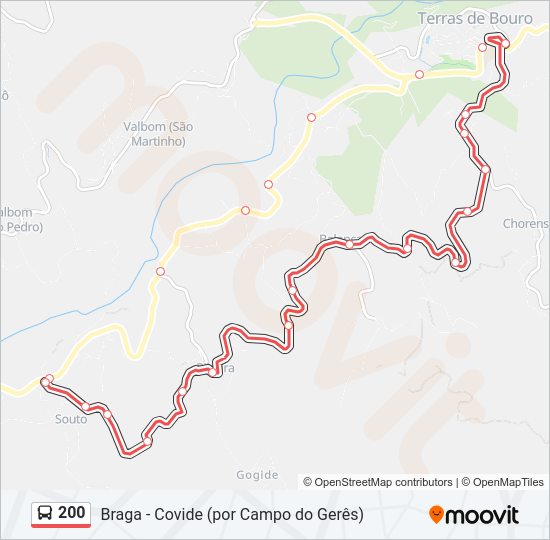 Mapa da linha do autocarro 200.