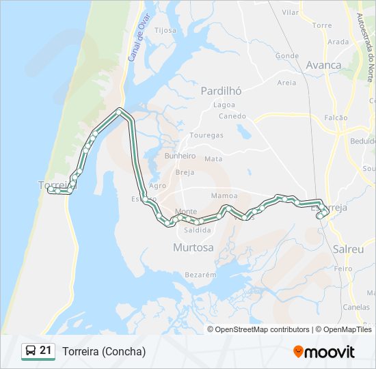 Mapa da linha do autocarro 21.