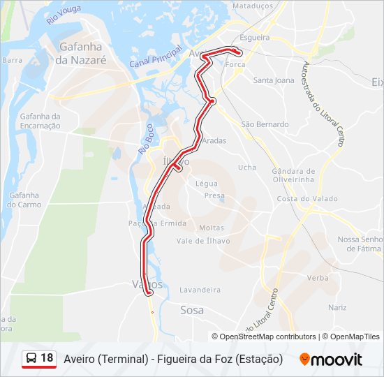 Mapa da linha do autocarro 18.