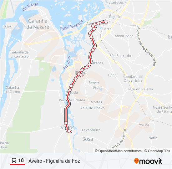 Mapa da linha do autocarro 18.