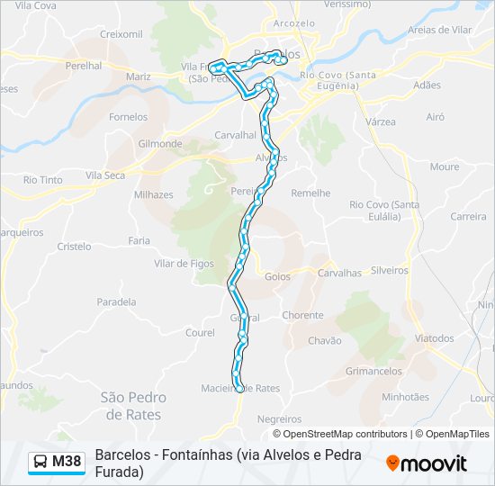 Mapa da linha do autocarro M38.