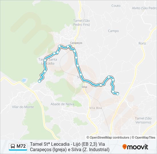 Mapa da linha do autocarro M72.