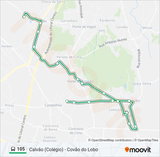 Mapa da linha do autocarro 105.