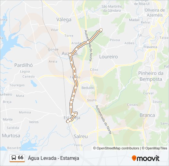 Mapa da linha do autocarro 66.