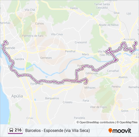 Mapa da linha do autocarro 216.