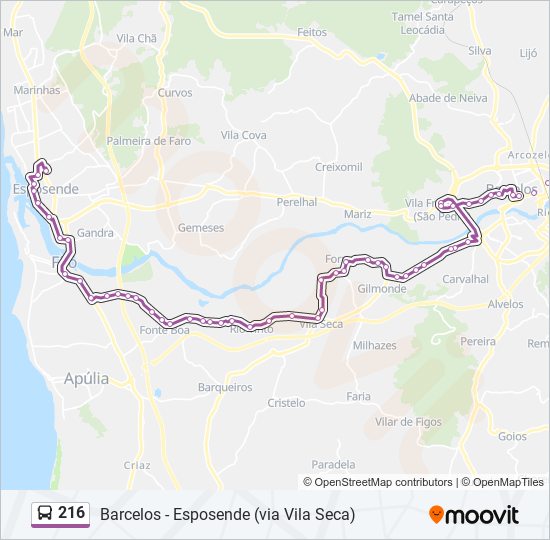 Mapa da linha do autocarro 216.