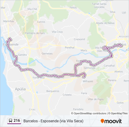 Mapa da linha do autocarro 216.