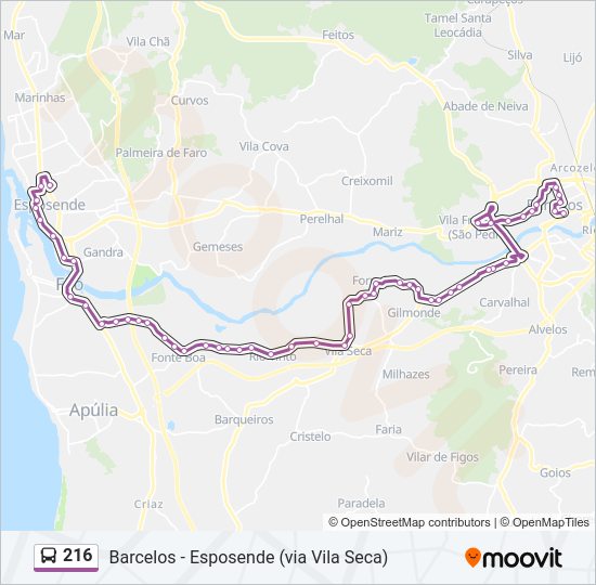 Mapa da linha do autocarro 216.