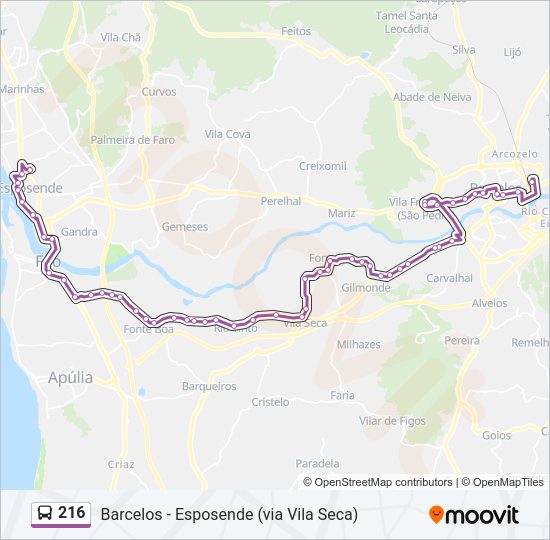 Mapa da linha do autocarro 216.
