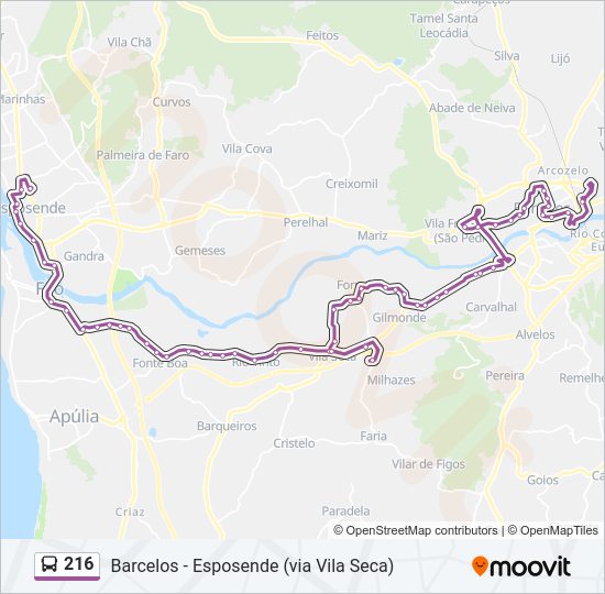 Mapa da linha do autocarro 216.