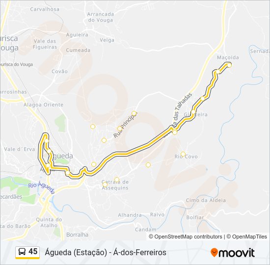 Mapa da linha do autocarro 45.