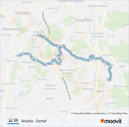 Mapa da linha do autocarro 59.