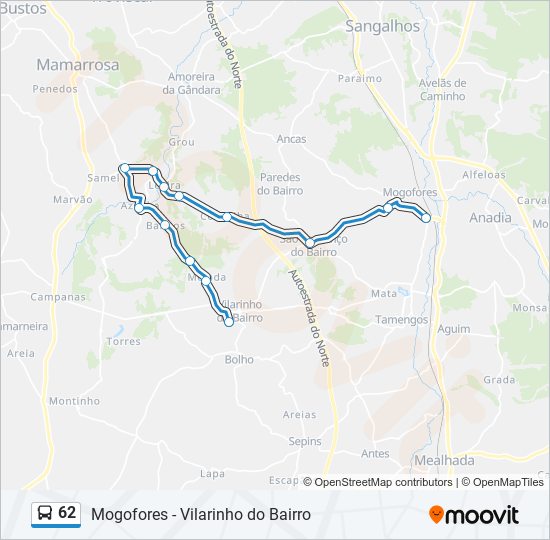 Mapa da linha do autocarro 62.