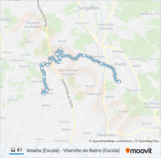 Mapa da linha do autocarro 61.