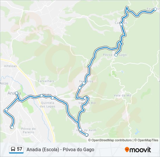 Mapa da linha do autocarro 57.