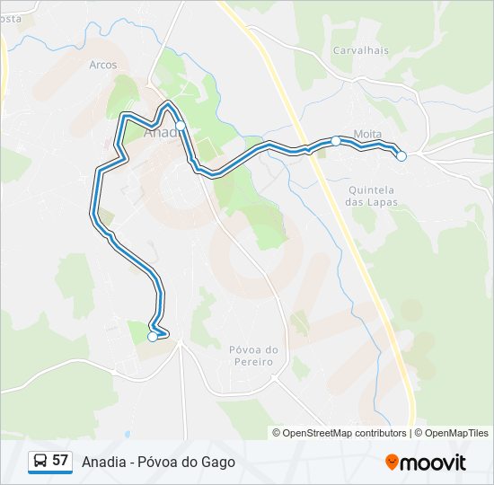 Mapa da linha do autocarro 57.