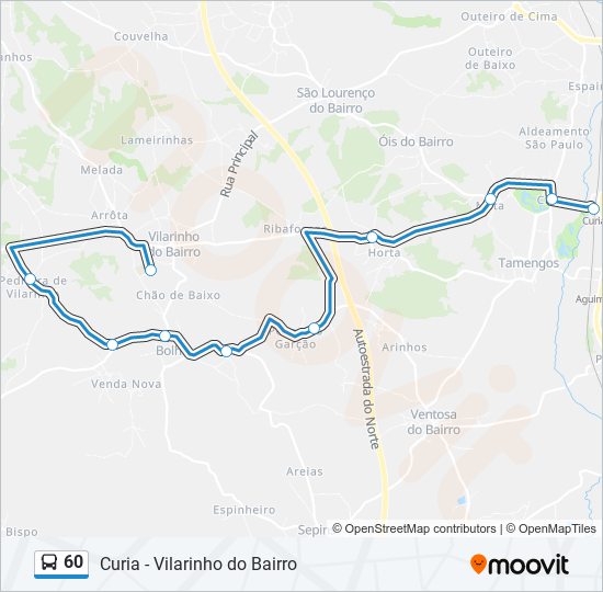 Mapa da linha do autocarro 60.