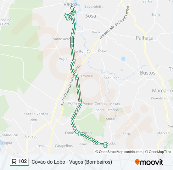 Mapa da linha do autocarro 102.