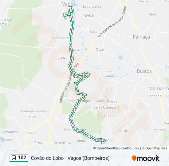 Mapa da linha do autocarro 102.