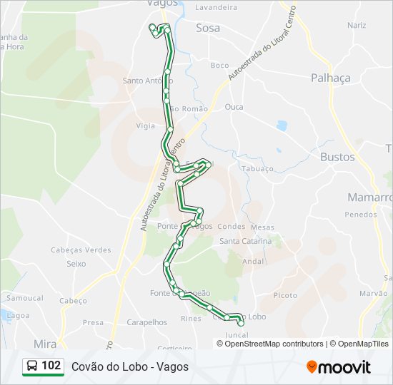 Mapa da linha do autocarro 102.