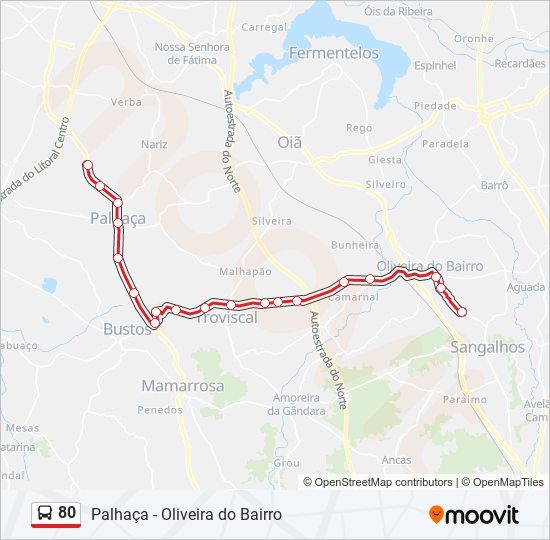 Mapa da linha do autocarro 80.