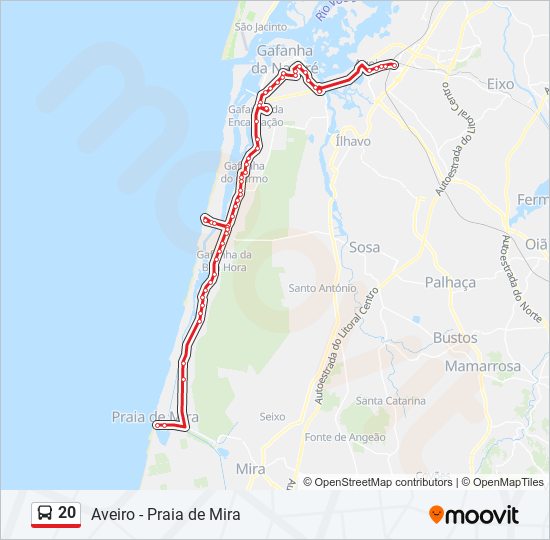 Mapa da linha do autocarro 20.