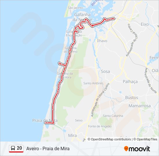 Mapa da linha do autocarro 20.