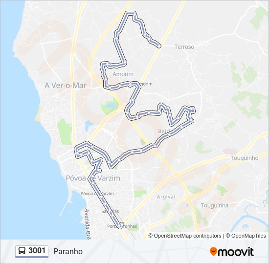 Mapa da linha do autocarro 3001.