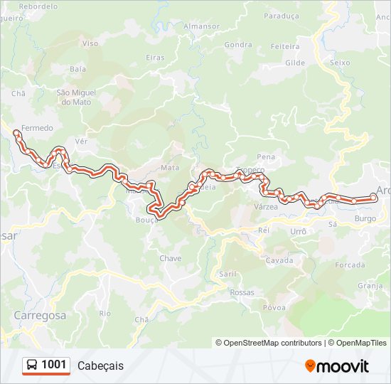 Mapa da linha do autocarro 1001.