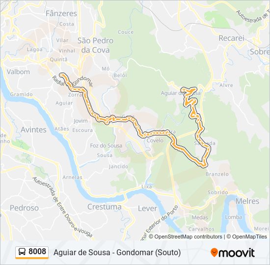 Mapa da linha do autocarro 8008.