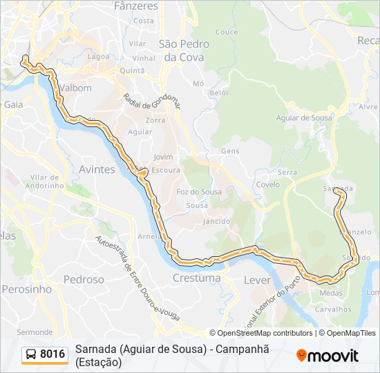 Mapa da linha do autocarro 8016.