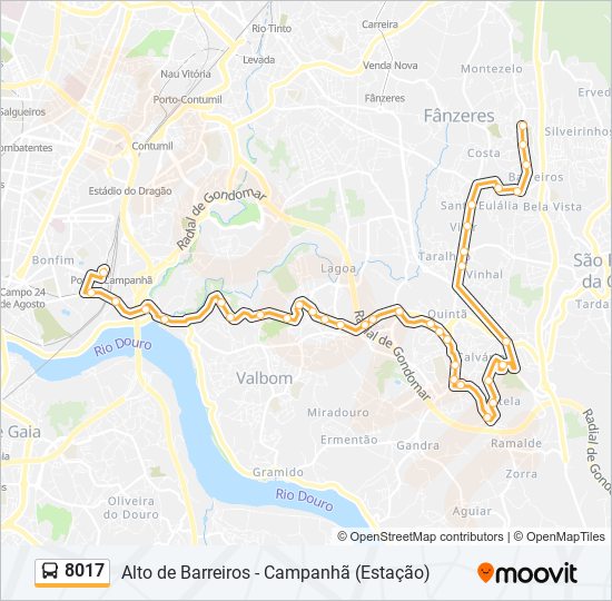 Mapa da linha do autocarro 8017.