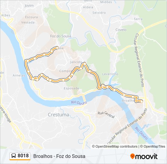 Mapa da linha do autocarro 8018.