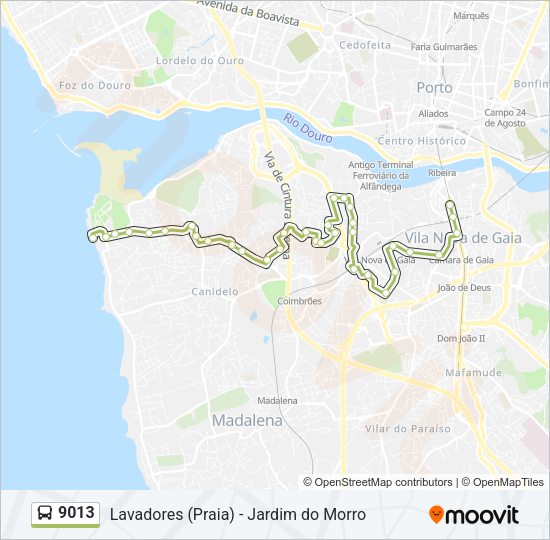 Mapa da linha do autocarro 9013.