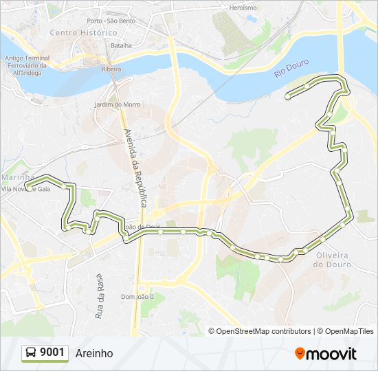 Mapa da linha do autocarro 9001.