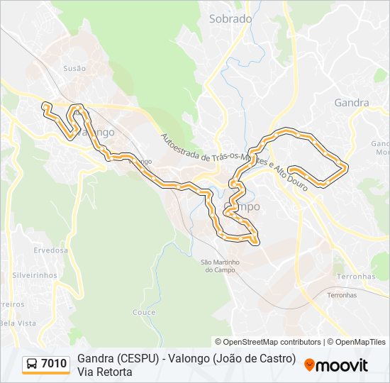 Mapa da linha do autocarro 7010.